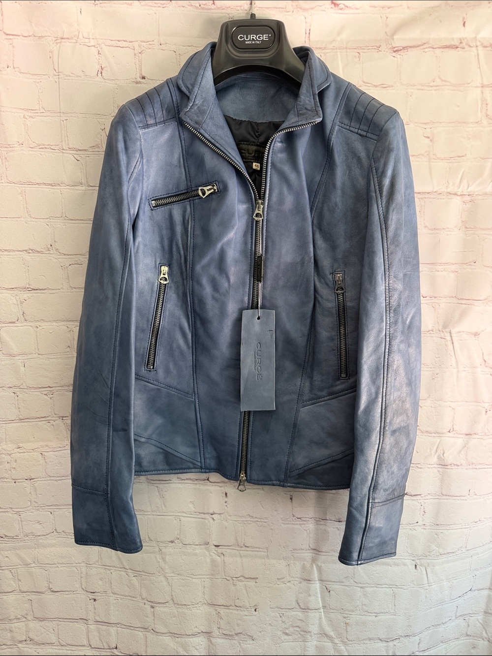 Italian leather Women's Blue Bomber Jacket by CURGÉ Size EU 46 US Large